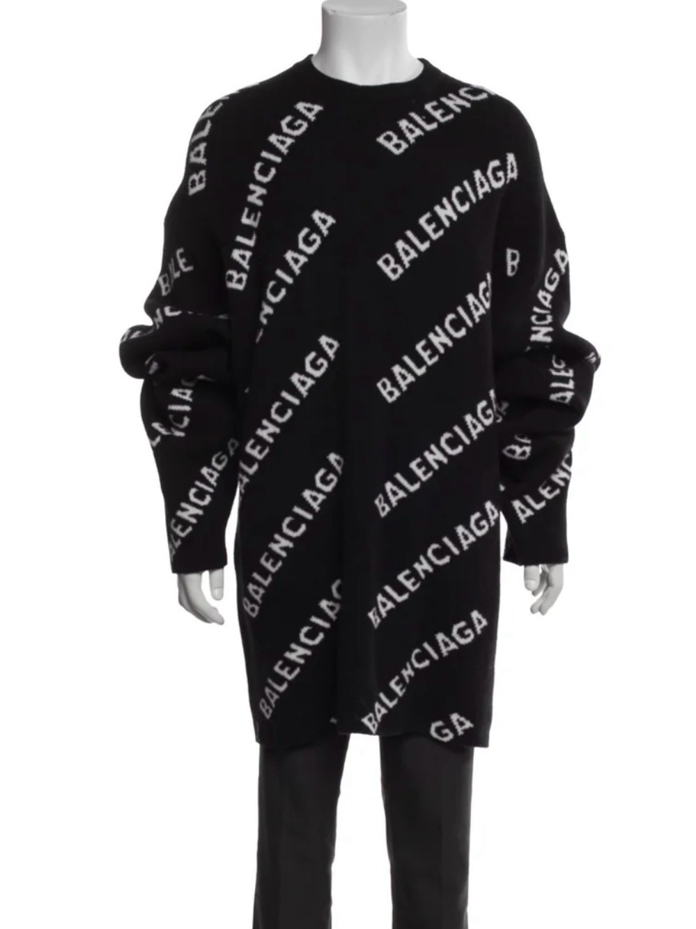 Balenciaga Black Oversized Sweater XL with White All-Over Logo NWOT